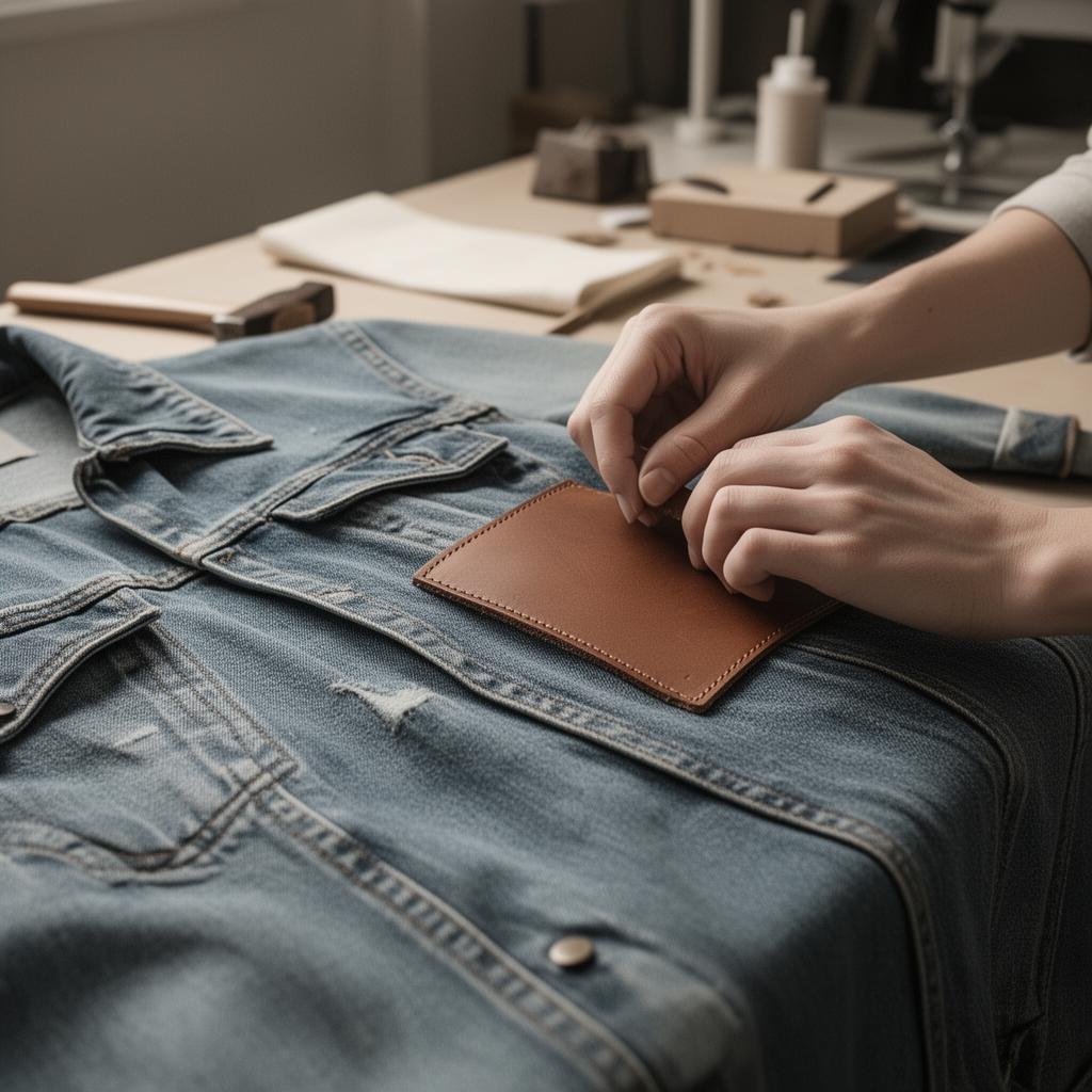 Hands placing a leather patch on a denim jacket in the studio
