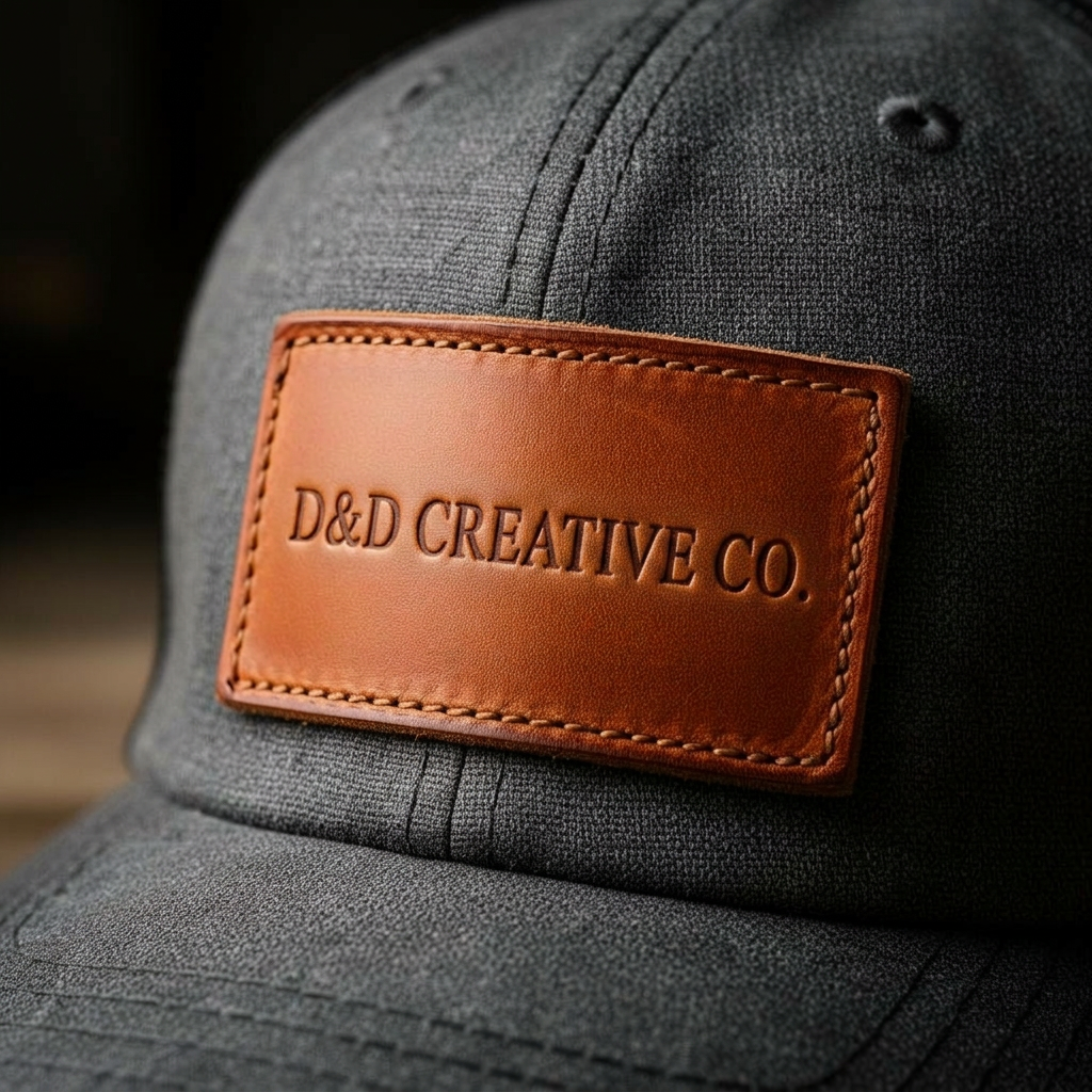 Embossed leather patch stitched to the front panel of a custom cap