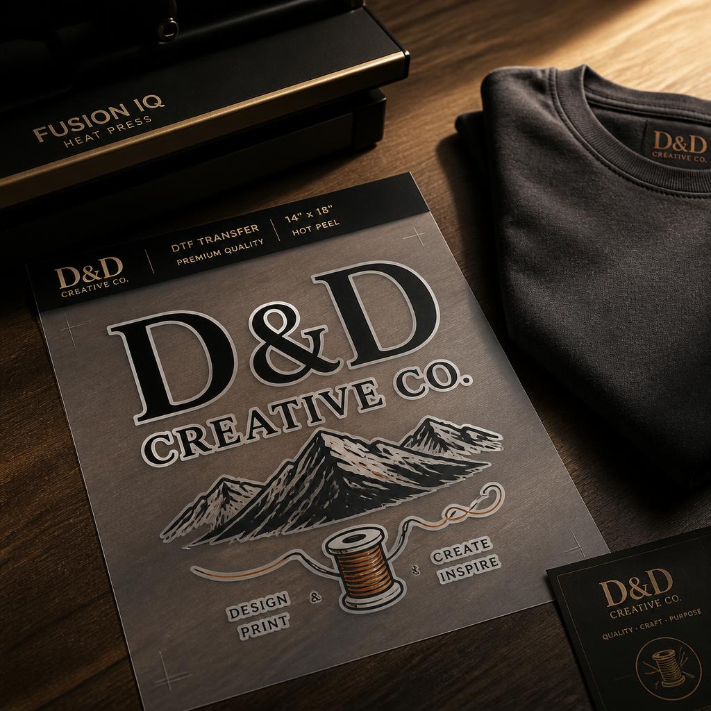 Full-color custom DTF transfer film sheet ready to heat press onto a shirt